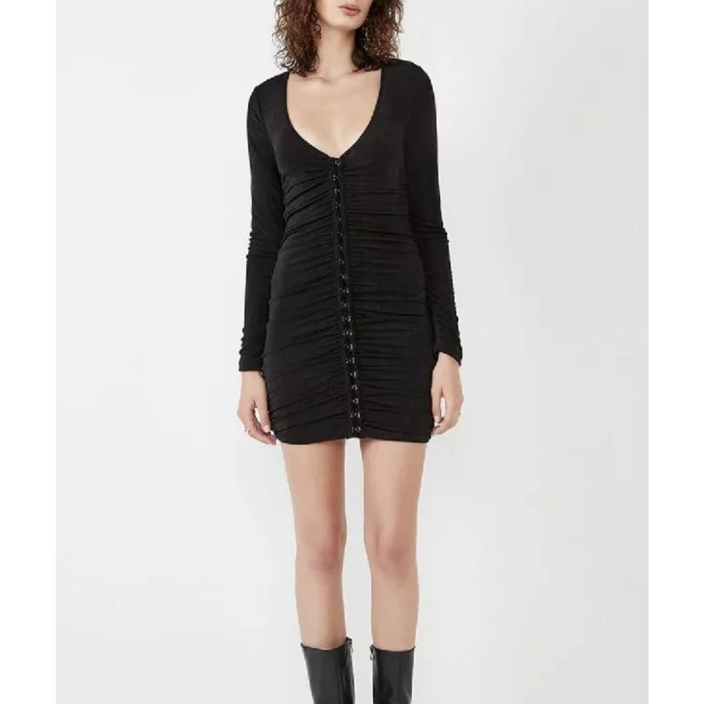 Free People Bardot Dress V Neck Ruched Long Sleeve Mini Bodycon Size S Black